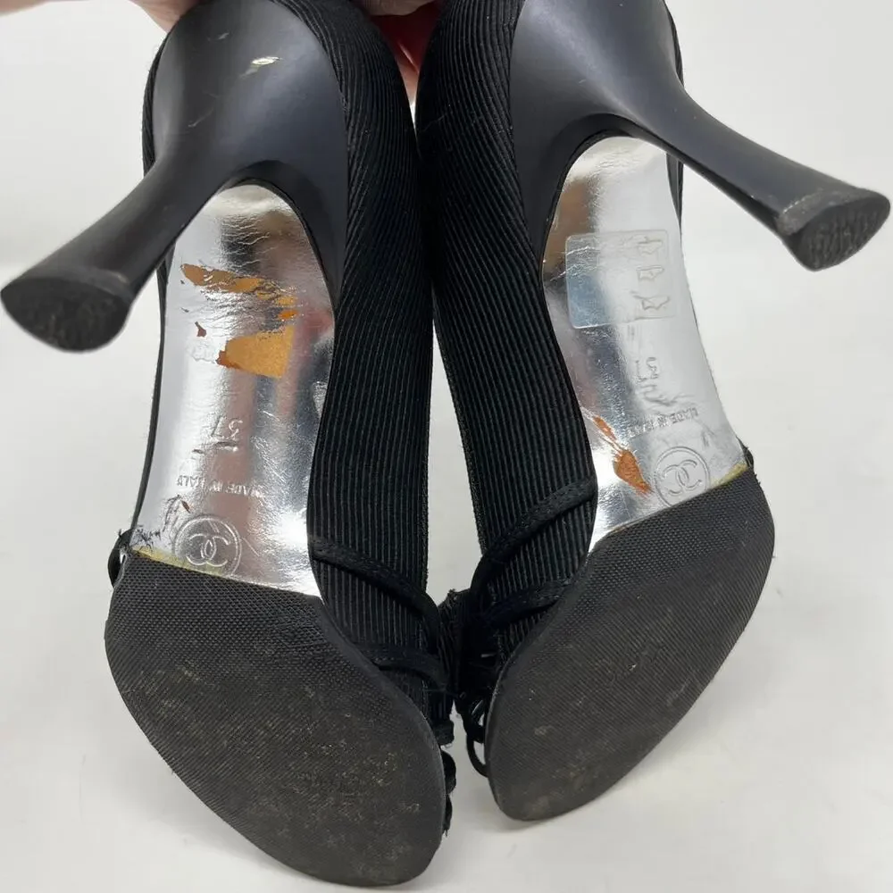 Vintage Chanel CC Pearl Black Heel Sandal Pump with Bow size 37 EU
